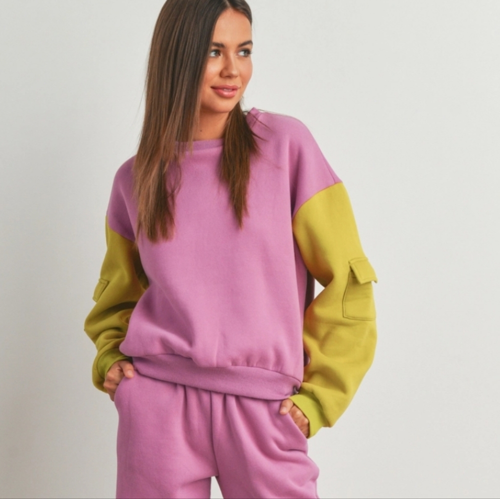 Buttermelon Patchwork Pocket Sweatshirt Size Small Pink & Gold Crewneck Pullover